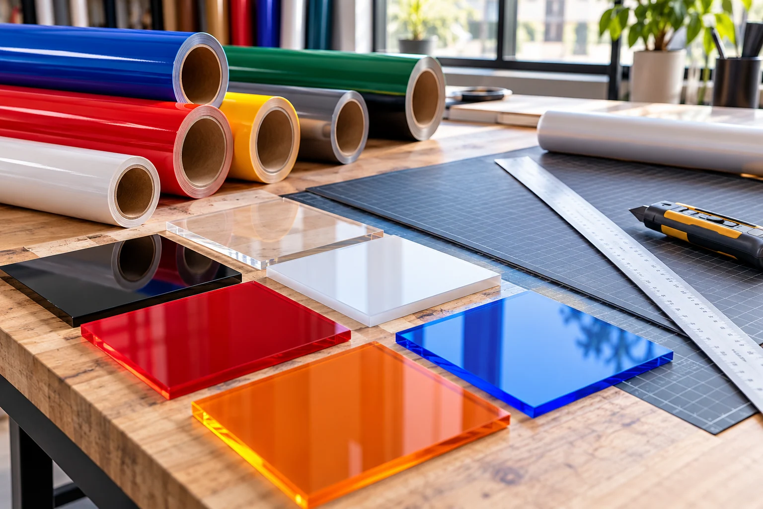 AI-created editorial illustration: An expert signmaker's orderly work table with rolls of coloured vinyl, blank acrylic samples, a ruler and a closed cutting tool, crisp studio daylight, tactile materials.
